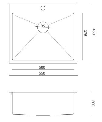 Aquadesign Clara Spoelbak RVS 55x48cm Opbouw of Vlakinbouw met Kraangatbank en RVS Plug - 1208967756