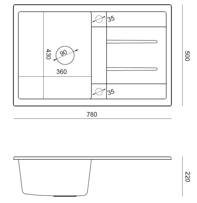 Quadri Sheffield Antraciet Granieten Opbouw Spoelbak 78x50cm met Afdruipgedeelte en RVS Plug - 1208967794