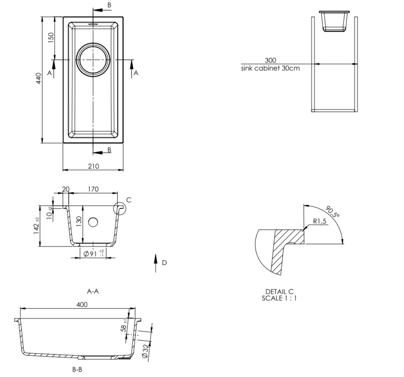 GraniteMy Universal granieten beige zand kleine spoelbak 17x40 cm opbouw onderbouw en vlakinbouw met gouden plug 1208968003