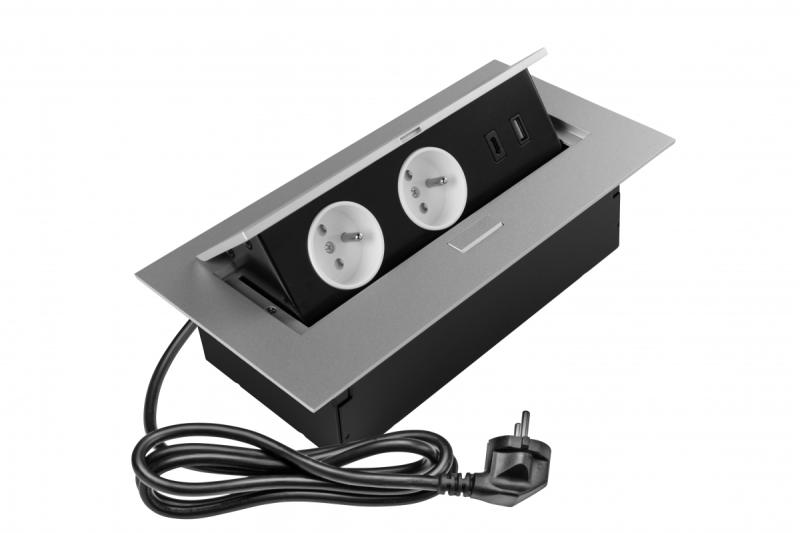 Furniture socket 2x socket with earthing, USB A+C, power cable with plug, alu