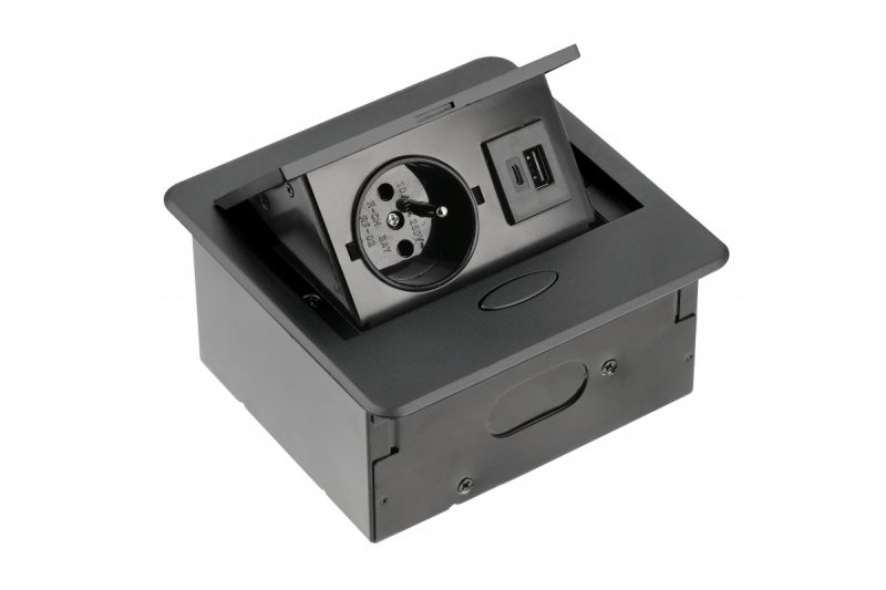 AVARO Recessed Furniture Socket, 1x French Socket, USB A+C, 1.5m Cable, Black