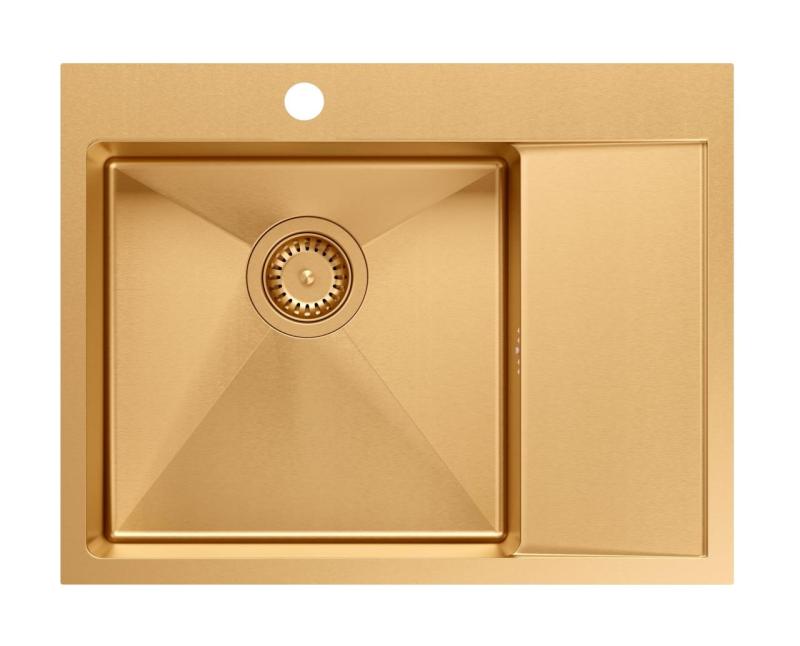 Aquadesign Clara Spoelbak Koper 62x48cm Opbouw  of Vlakinbouw met Afdruiprek, Kraangatbank en Koperen Plug - 1208969503