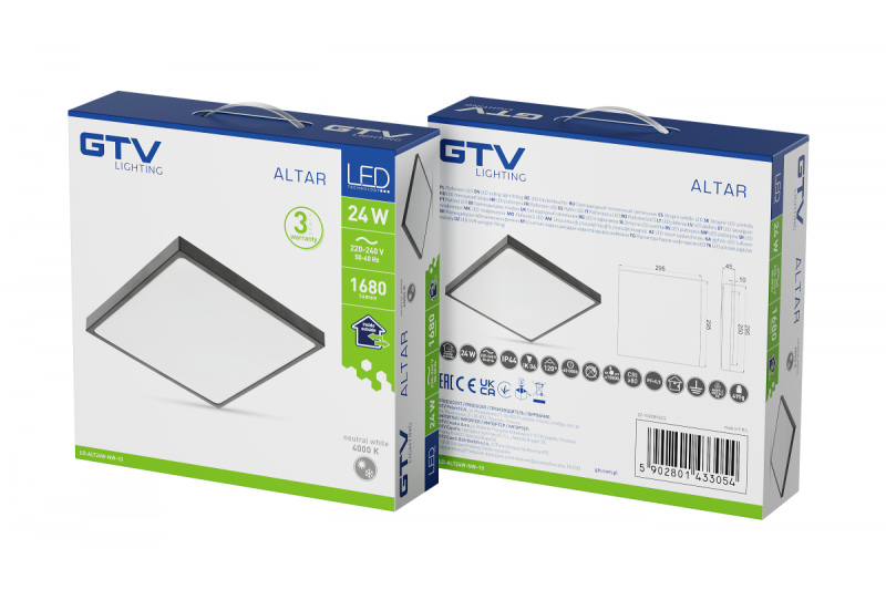 ALTAR LED Plafondlamp, 295x295mm, 4000K, 24W, 1680lm, AC180-250V, 50/60 Hz, PF>0.5, IP54, zwart, 3 jaar garantie.