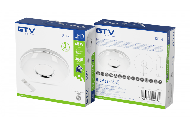 SORI LED plafondlamp, Ø490mm, CCT, 48W, 3840lm, AC180-250V, 50/60 Hz, PF>0,9, IP54, afstandsbediening, wit, 3 jaar garantie.