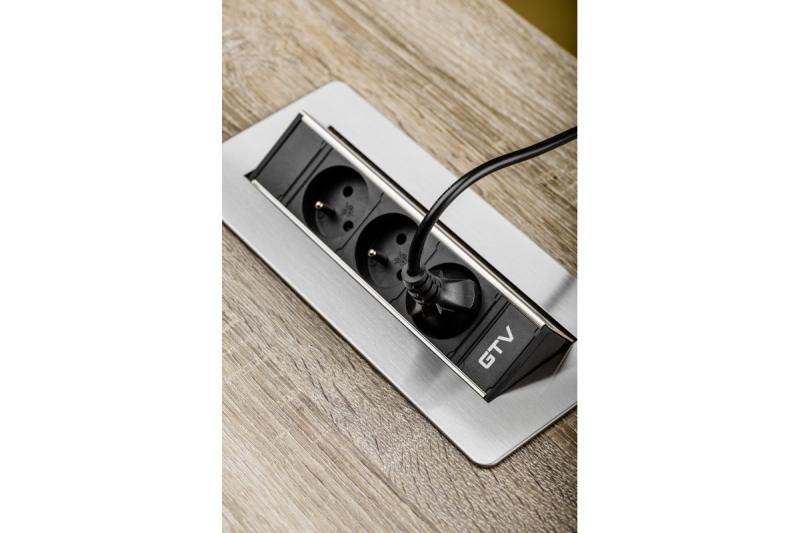 Bureauverlengsnoer zonder cassette, 3-voudig stopcontact met aarding, 1,5 m voedingskabel met stekker, inox.