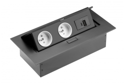 Meubelsokkel 2x stopcontact met aarding, USB A+C, stroomkabel met stekker, zwart.