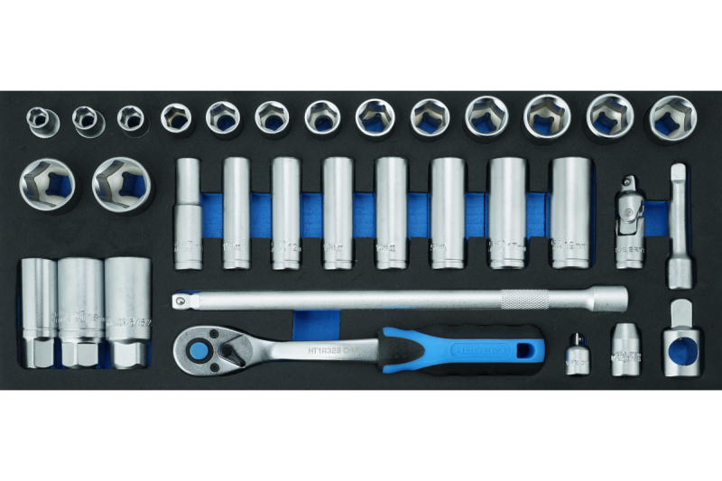 3/8" ratelgereedschapsset, 33 stuks, EVA-inleg.