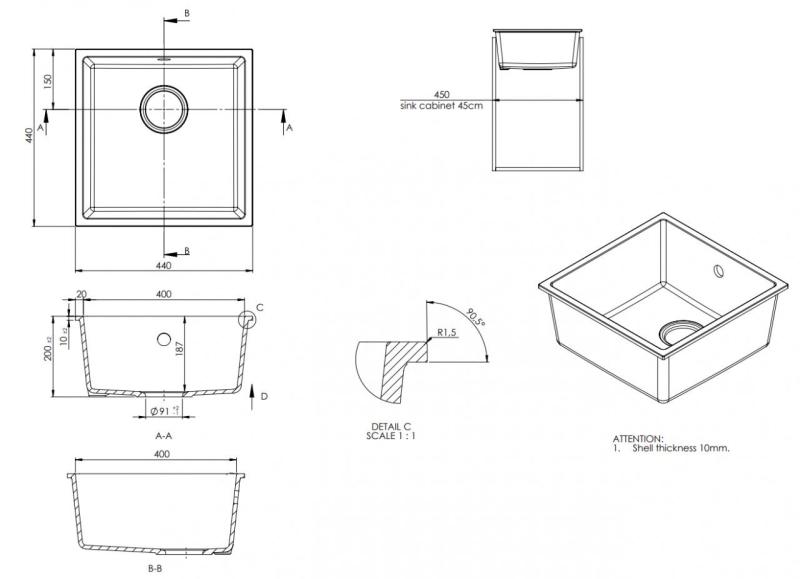 GraniteMy Universal Granieten Grijs, donker Spoelbak 40x40 cm Opbouw, Onderbouw en Vlakinbouw met RVS Plug 1208970742