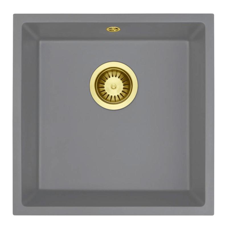 GraniteMy Universal Granieten Grijs Spoelbak 40x40 cm Opbouw, Onderbouw en Vlakinbouw met Gouden Plug 1208970752
