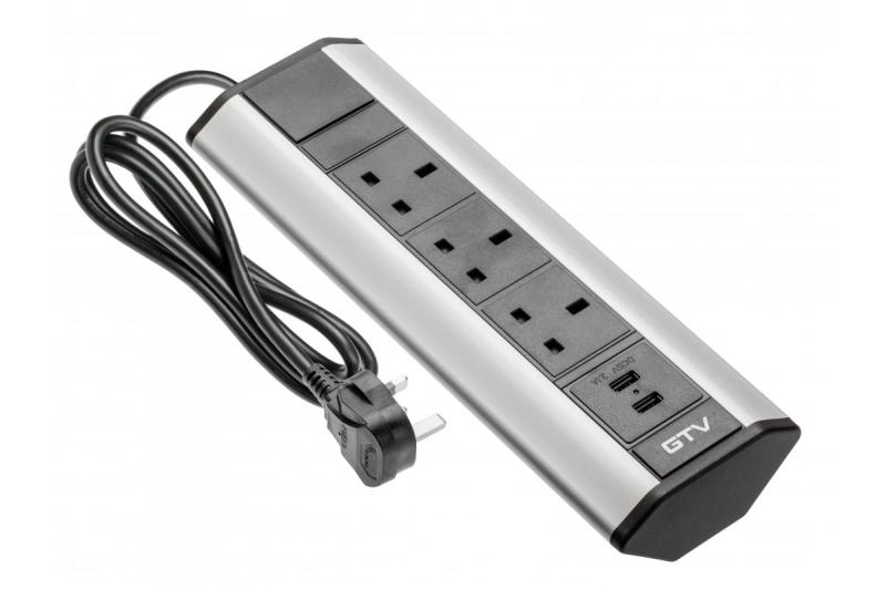 Bureau verlengkabel met hoekige 3x UK stopcontacten, 2xUSB 2.1A 5V (zilver) ENGELSE VERSIE