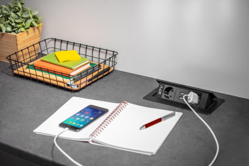 Bureaublad verlengkabel SOFT 2x schuko stopcontact, USB 2.1A, stroomkabel met stekker, zwart