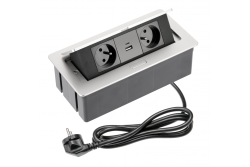 ZACHTE meubelstekkerdoos 2x stopcontact met aarding, USB A+C, voedingskabel met stekker, aluminium.