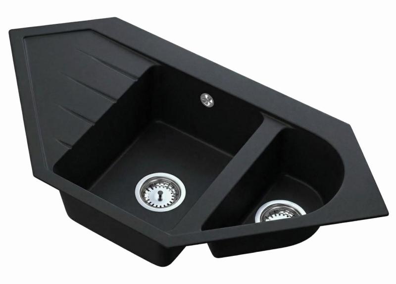 Graniteland Amiata Granieten Zwart Hoekspoelbak opbouw 955x489mm met RVS Plug 1208971120