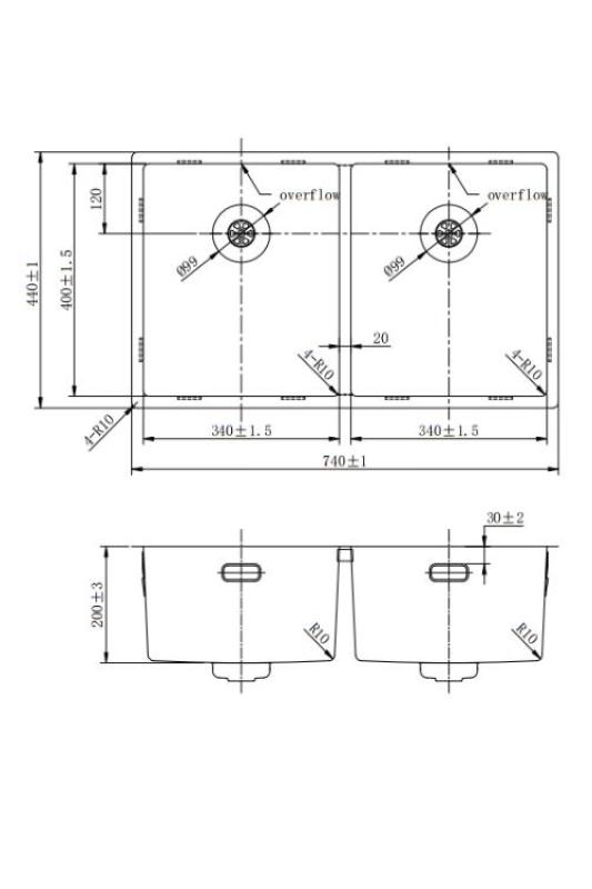 Pure.Sink Prestige Dubbele Gun metal spoelbak 70x40 cm 10mm radius onderbouw, vlakbouw en opbouw PPG343440-61