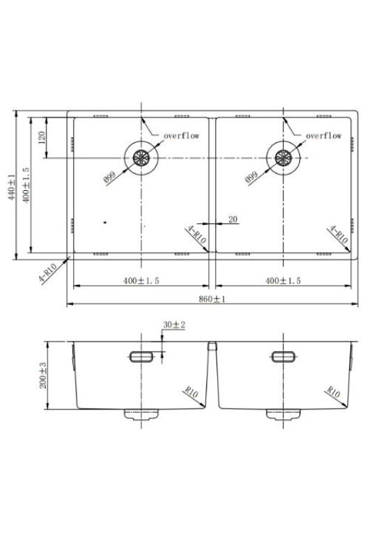 Pure.Sink Prestige Dubbele Koperen spoelbak 82x40 cm 10mm radius onderbouw, vlakbouw en opbouw PPG404040-62