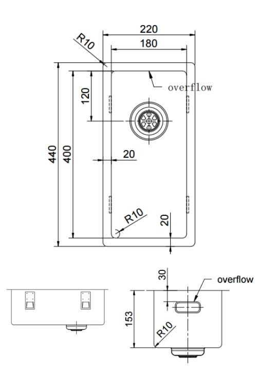 Pure.Sink Exclusivo kleine Gouden spoelbak 18x40 cm 10mm radius onderbouw, vlakinbouw en opbouw PEX1840-60