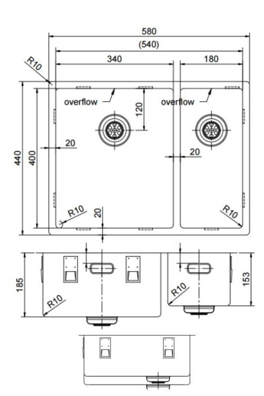 Pure.Sink Exclusivo RVS 1,5 anderhalve spoelbak 34+18 cm 10mm radius PEX341840-02