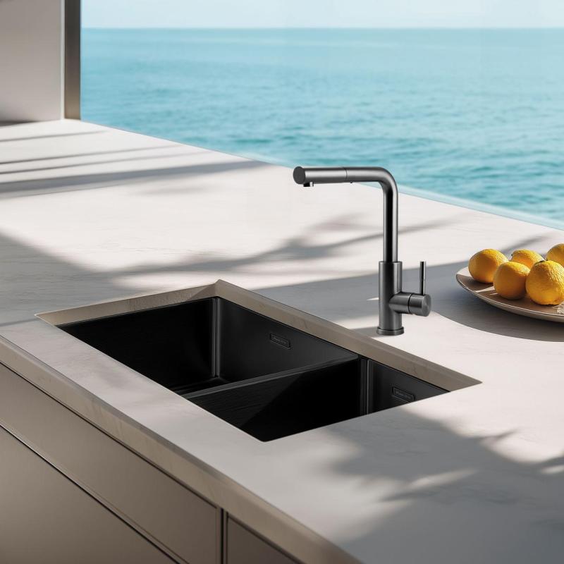 Pure.Sink Exclusivo Gun Metal 1,5 anderhalve spoelbak 34+18 cm 10mm radius PEX341840-61