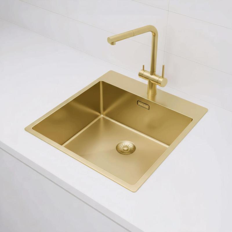 Pure.Sink Exclusivo Gouden spoelbak 49x52 cm Tapwing met kraangatbank 10mm radius PEX4540T-60