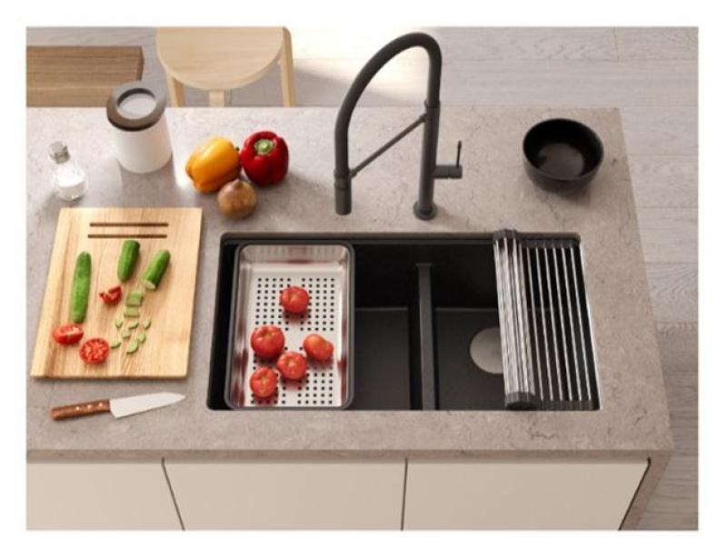 Quadri Newport II Dubbele Witte Graniet Onderbouw Spoelbak 702 x 390 mm met Koperen plug 1208971373