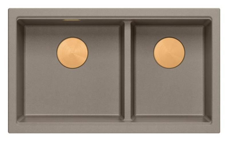 Quadri Newport II Dubbele Taupe Graniet Onderbouw Spoelbak 702 x 390 mm met Koperen plug 1208971377
