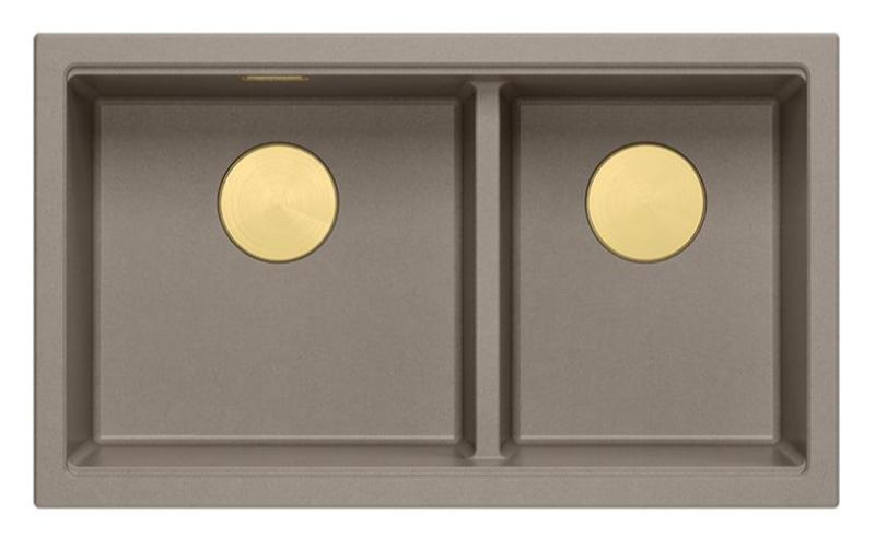 Quadri Newport II Dubbele Taupe Graniet Onderbouw Spoelbak 702 x 390 mm met Gouden plug 1208971382