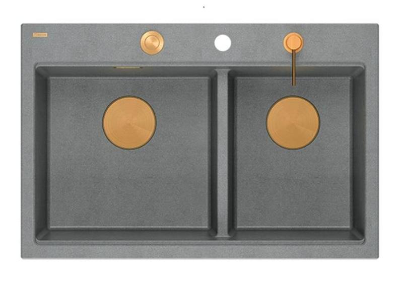 Quadri Hard Rock Dubbele Grijze Graniet Opbouw Spoelbak 76x50 cm met Koperen plug en accessoires 1208971389