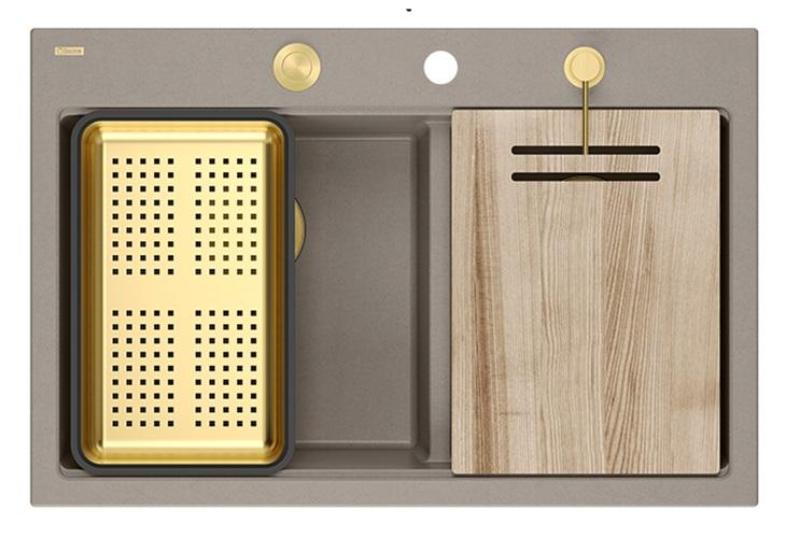 Quadri Hard Rock Dubbele Taupe Graniet Opbouw Spoelbak 76x50 cm met Gouden plug en accessoires 1208971396