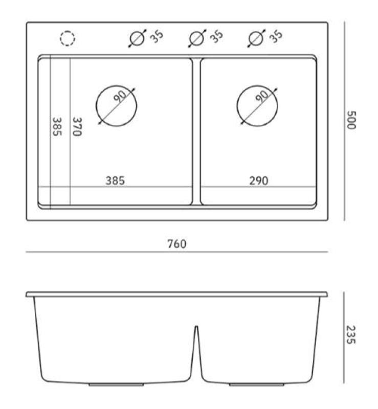 Quadri Hard Rock Dubbele Grijze Graniet Opbouw Spoelbak 76x50 cm met RVS plug en accessoires 1208971400
