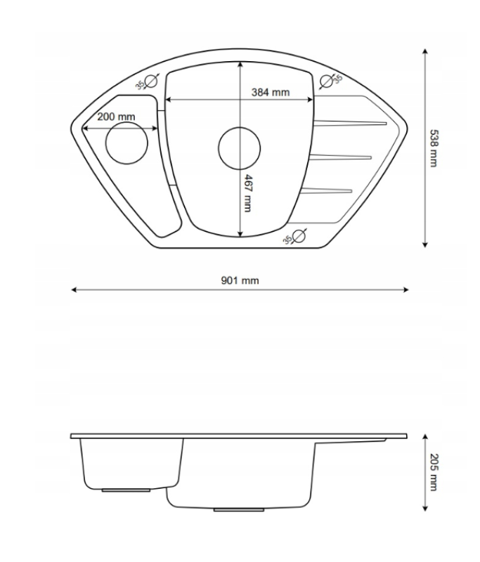 Graniteland Monte Granieten grijze Hoekspoelbak opbouw 901x538mm met RVS Plug 1208971416