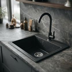 Graniteland Nera Granieten Spoelbak 45x42 cm Arduin hardsteen look Opbouw met Kraangatbank en RVS Plug 1208971432