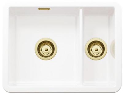 Ausmann Ceramic Ember Keramische Witte Anderhalve Spoelbak Opbouw en Onderbouw 495 x 370 mm met Gouden pluggen 1208971511
