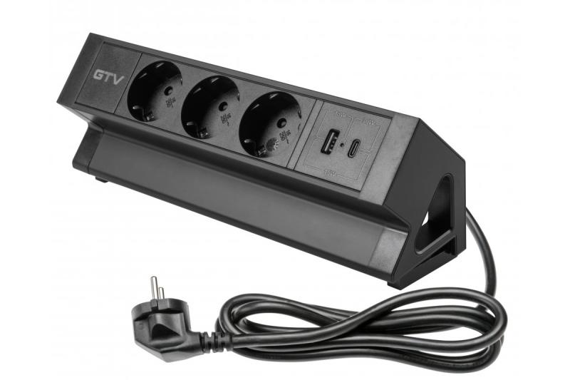 Meubelsokkel BASCO, 3xSHUKO, USB A+C, kabel 1,5 m, zwart