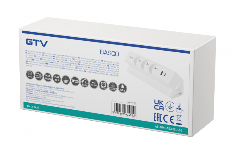 Basco meubelstopcontact, 3 x stopcontact met aarding, USB A+C, 1,5m kabel, wit met montage
