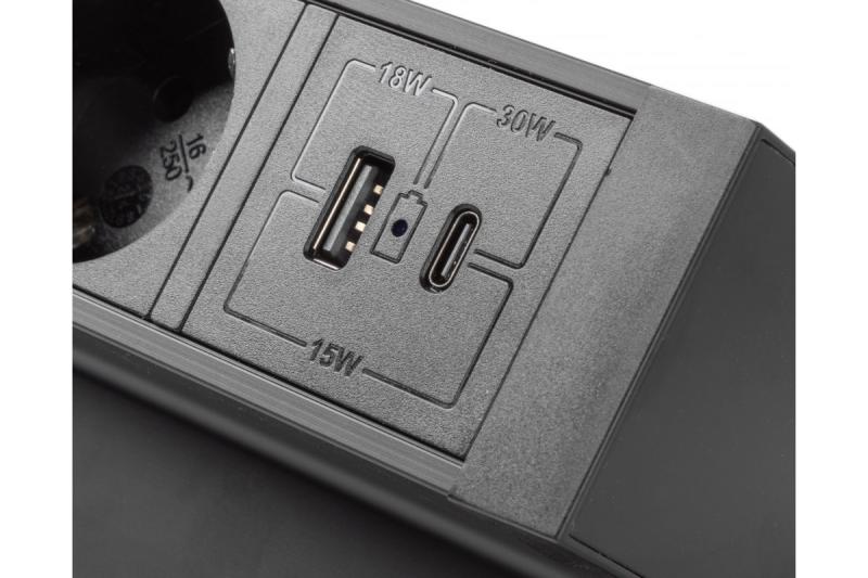 Basco meubelaansluiting, 3 x geaarde stopcontact, USB A+C, 1,5m kabel, zwart met montage