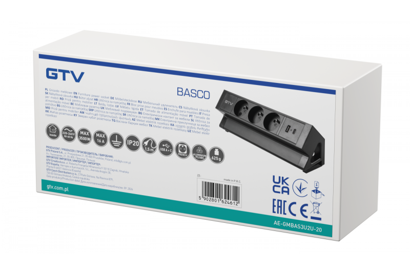 Basco meubelaansluiting, 3 x geaarde stopcontact, USB A+C, 1,5m kabel, zwart met montage
