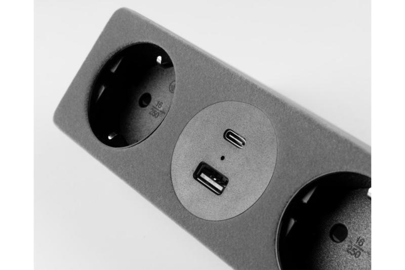 Meubelstopcontact SOFITO, 2xSHUKO, USB A+C, kabel 1,5 m, grijze flock