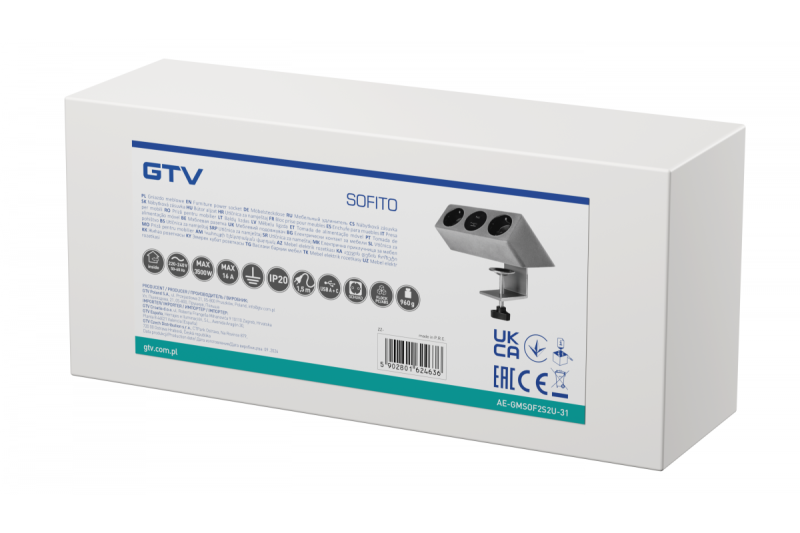 Meubelstopcontact SOFITO, 2xSHUKO, USB A+C, kabel 1,5 m, grijze flock