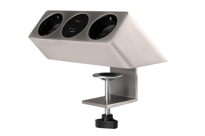 Meubelstopcontact SOFITO, 2xSHUKO, USB A+C, kabel 1,5 m, roestvrij staal