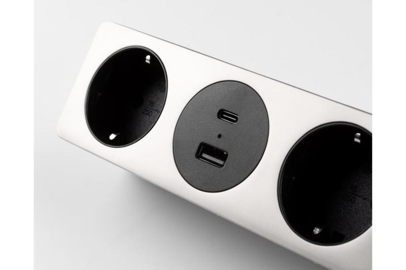 Meubelstopcontact SOFITO, 2xSHUKO, USB A+C, kabel 1,5 m, roestvrij staal