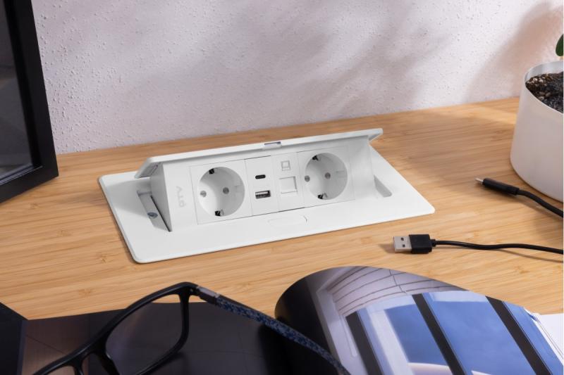 Meubelaansluiting MULTISOFT, 2xSHUKO, USB A+C, RJ45, kabel 1.5 m, wit