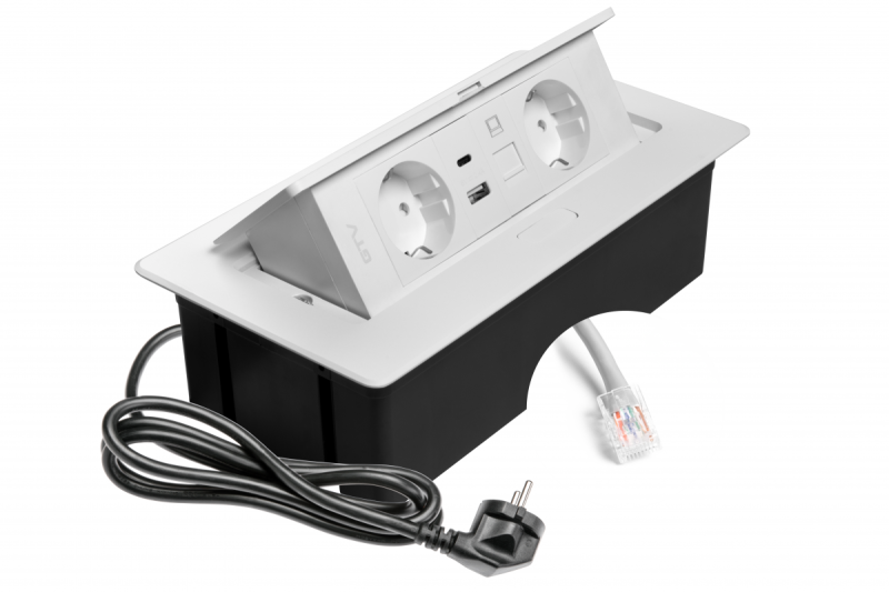 Meubelaansluiting MULTISOFT, 2xSHUKO, USB A+C, RJ45, kabel 1.5 m, wit