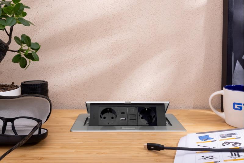 Meubelaansluiting MULTISOFT, 2xSHUKO, USB A+C, RJ45, kabel 1.5 m, aluminium