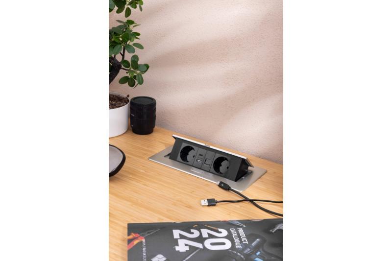 Meubelaansluiting MULTISOFT, 2xSHUKO, USB A+C, RJ45, kabel 1.5 m, aluminium