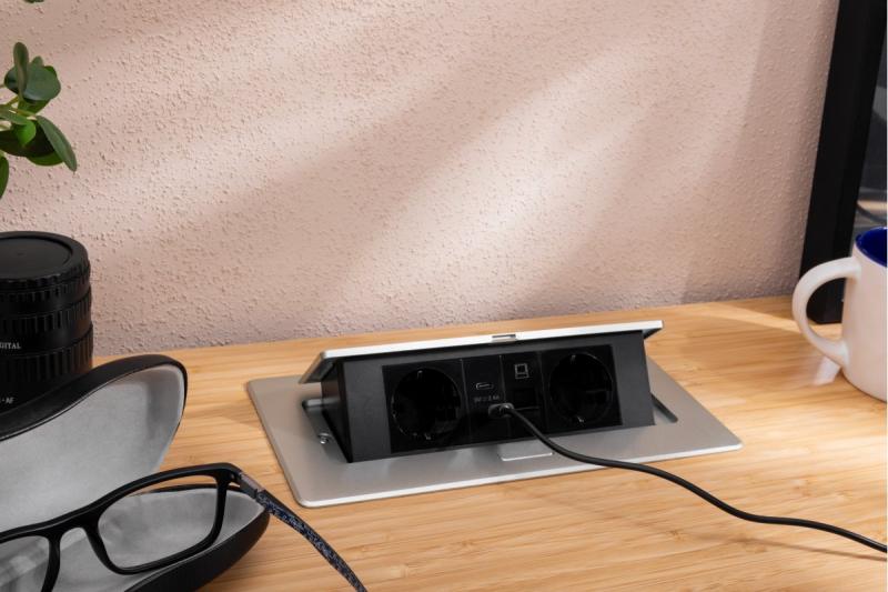 Meubelaansluiting MULTISOFT, 2xSHUKO, USB A+C, RJ45, kabel 1.5 m, aluminium