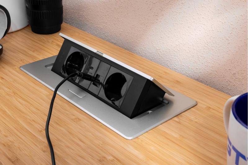 Meubelaansluiting MULTISOFT, 2xSHUKO, USB A+C, RJ45, kabel 1.5 m, aluminium