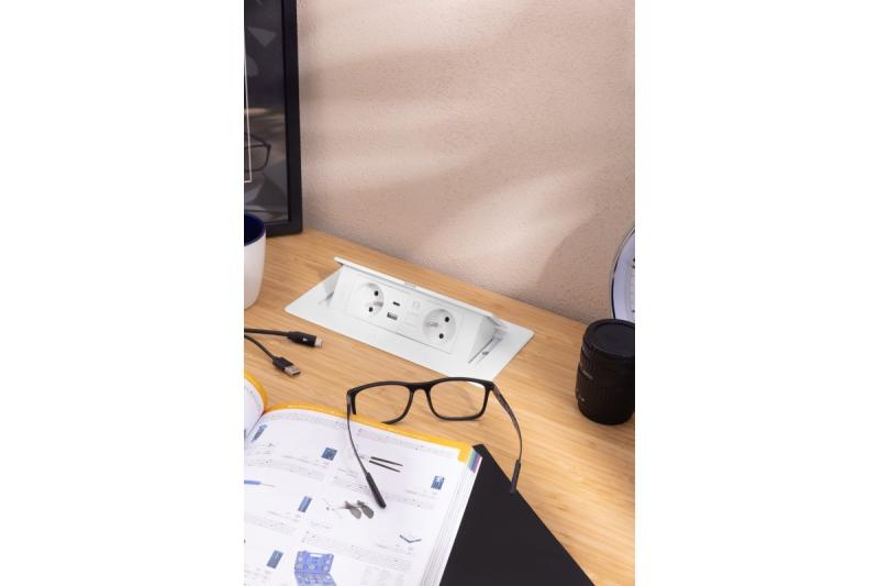 MULTISOFT Meubelstopcontact 2x Stopcontact met Aarding, USB A+C, RJ45, Stroomkabel met Stekker, Wit