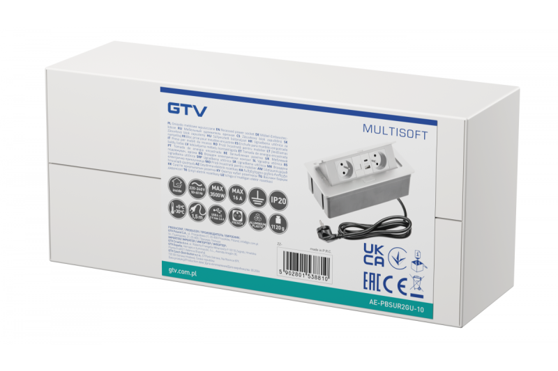 MULTISOFT Meubelstopcontact 2x Stopcontact met Aarding, USB A+C, RJ45, Stroomkabel met Stekker, Wit