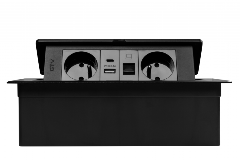 MULTISOFT Meubelcontactdoos 2x Stopcontact met Aarding, USB A+C, RJ45, Stroomkabel met Stekker, Zwart