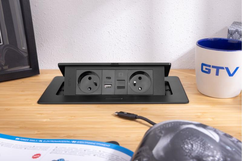 MULTISOFT Meubelcontactdoos 2x Stopcontact met Aarding, USB A+C, RJ45, Stroomkabel met Stekker, Zwart